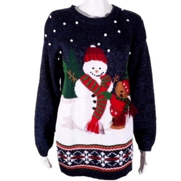 Carly St. Claire Snowman & Reindeer Ugly Christmas Sweater S Ramie/Cotton Blue/W - Picture 1 of 5